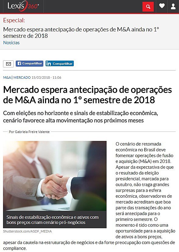 Mercado espera antecipao de operaes de M&A ainda no 1 semestre de 2018